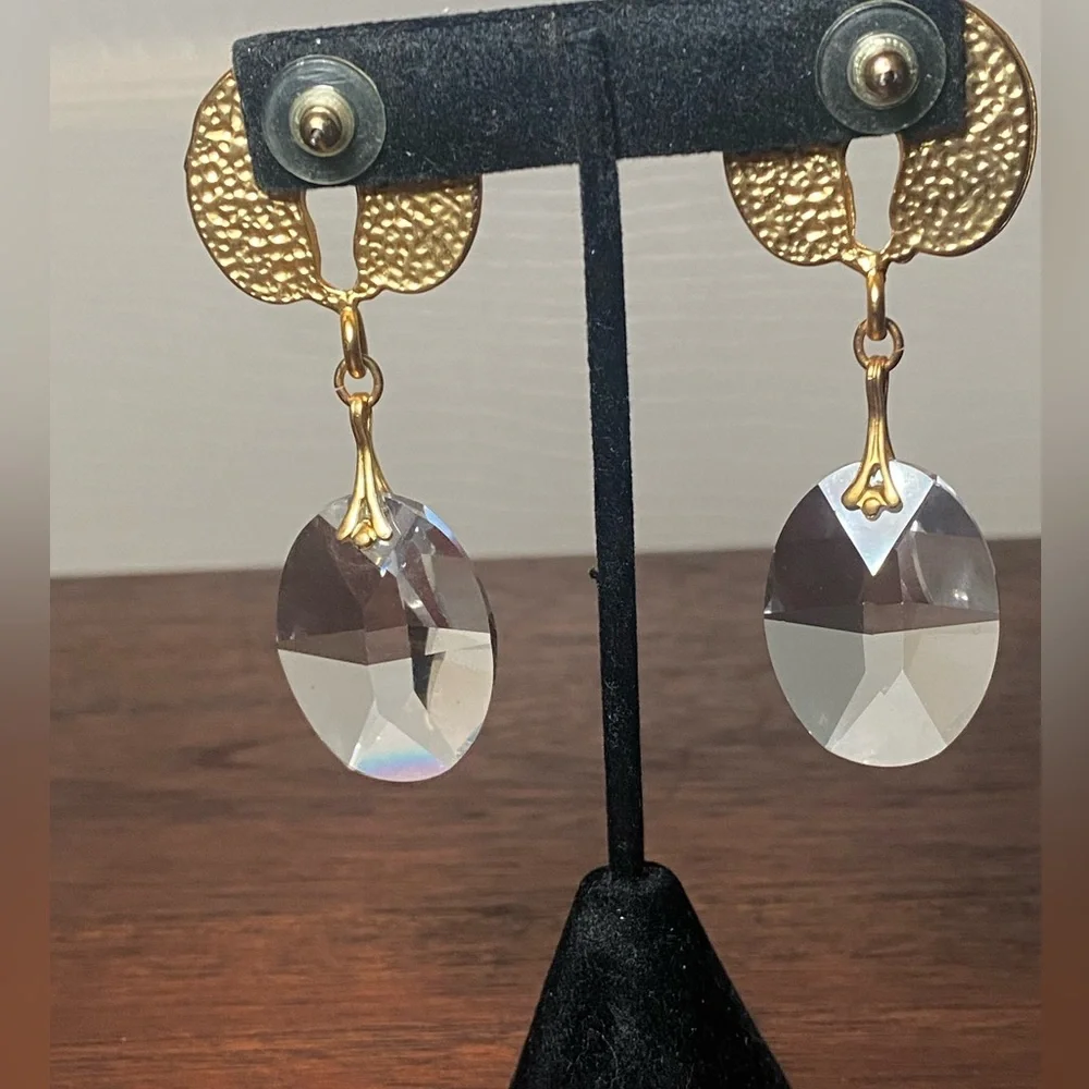 Gold Tone Drop Earrings | Faceted Clear Dangles Statement - Picture 6 of 11
